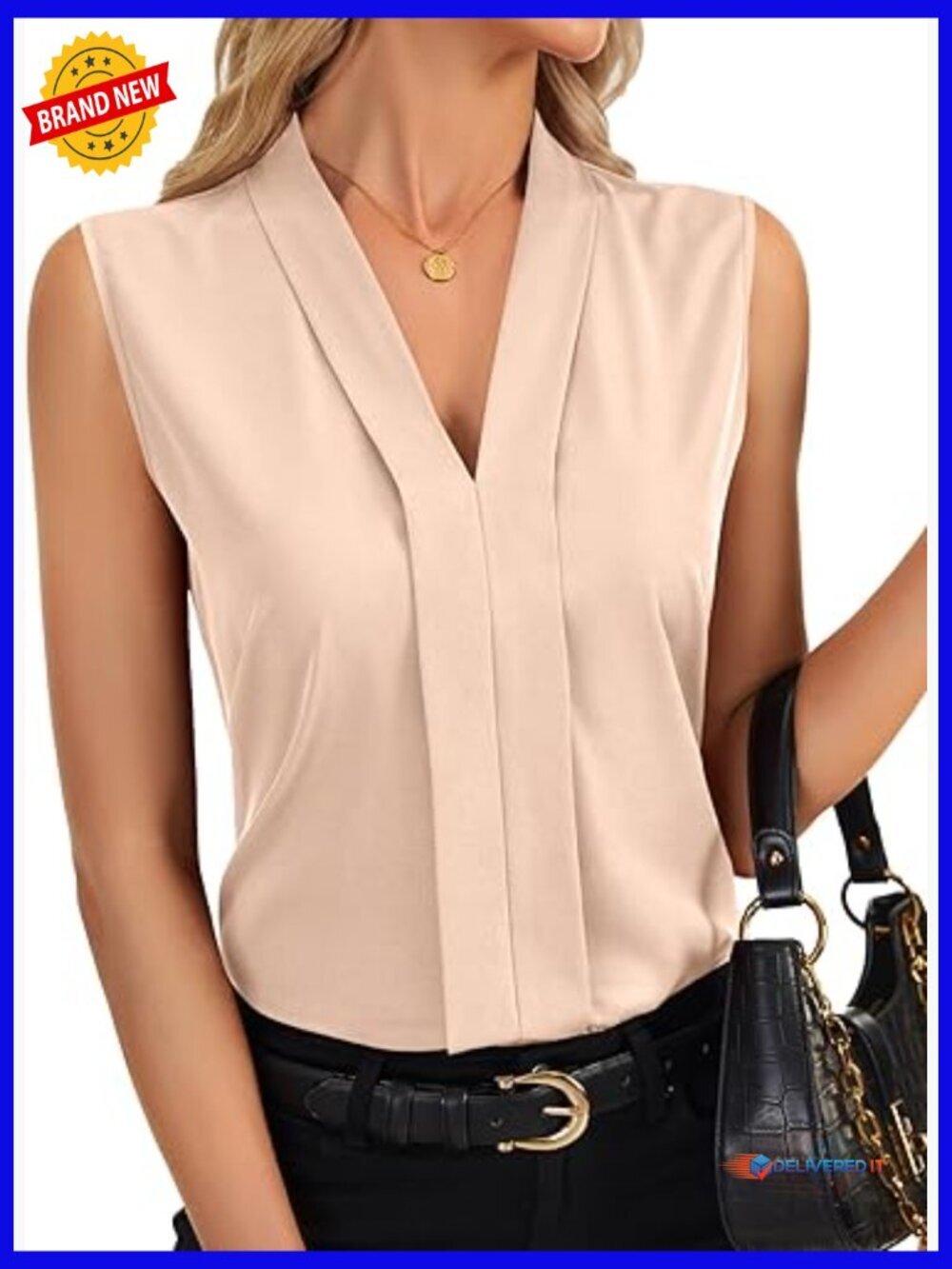 Dressy V-Neck Tank Top Pleated Sleeveless Blouse Business Casual